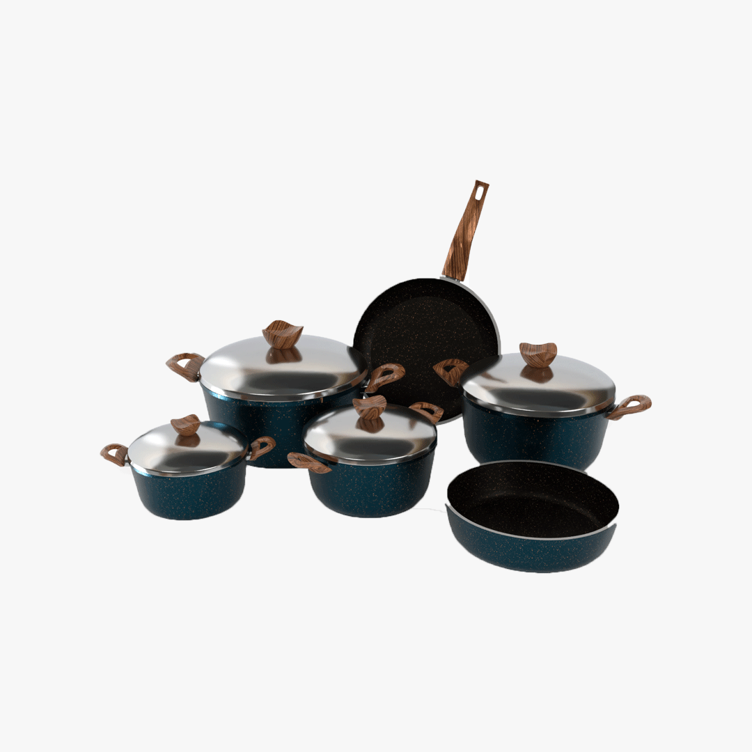 طقم حلل جرانيت تيرينوفا 10 قطع تركواز – طقم طبخ كامل غير لاصق سمك 5 مم طهي صحي بجودة إيطالية