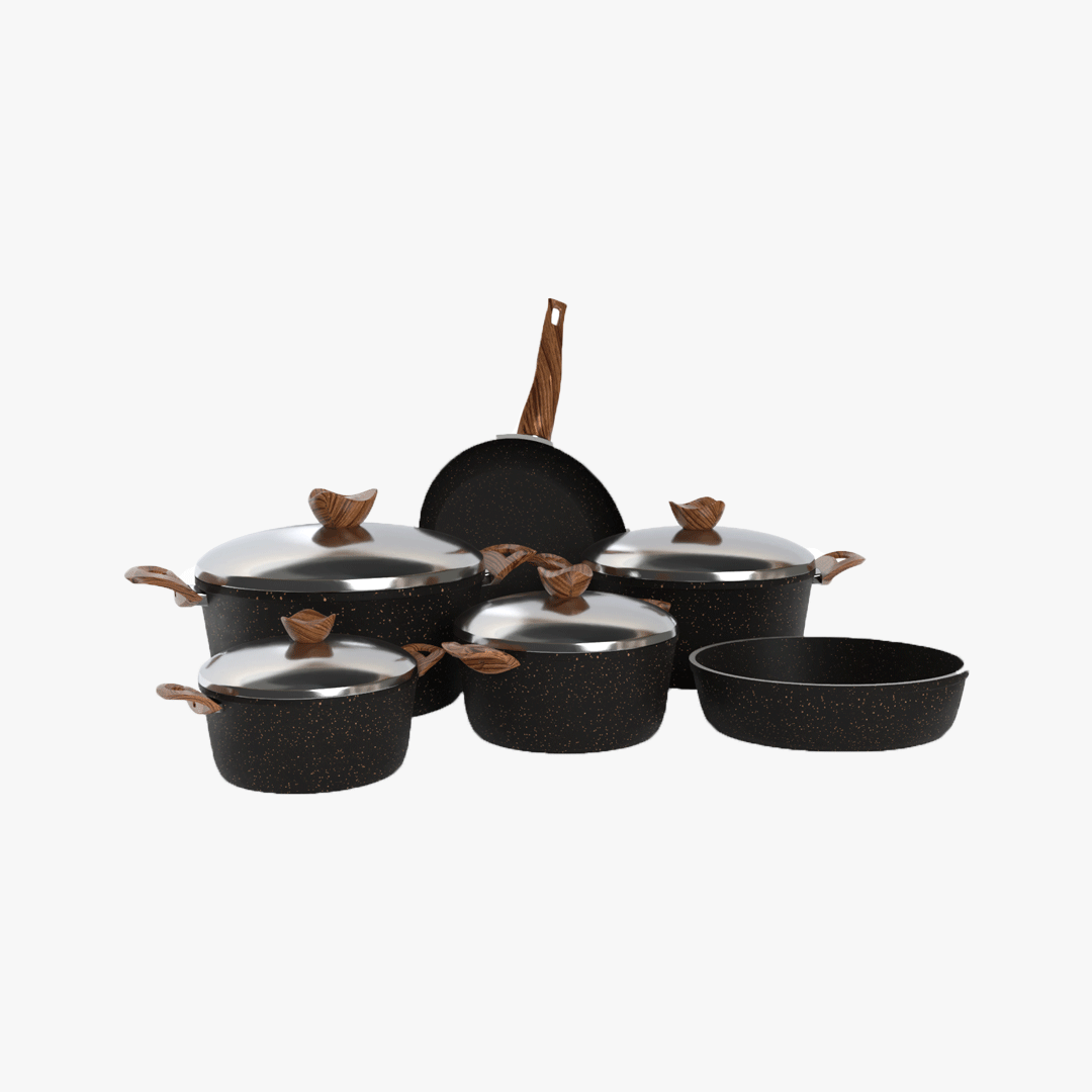 طقم حلل جرانيت تيرينوفا 10 قطع اسود – طقم طبخ كامل غير لاصق سمك 5 مم طهي صحي بجودة إيطالية