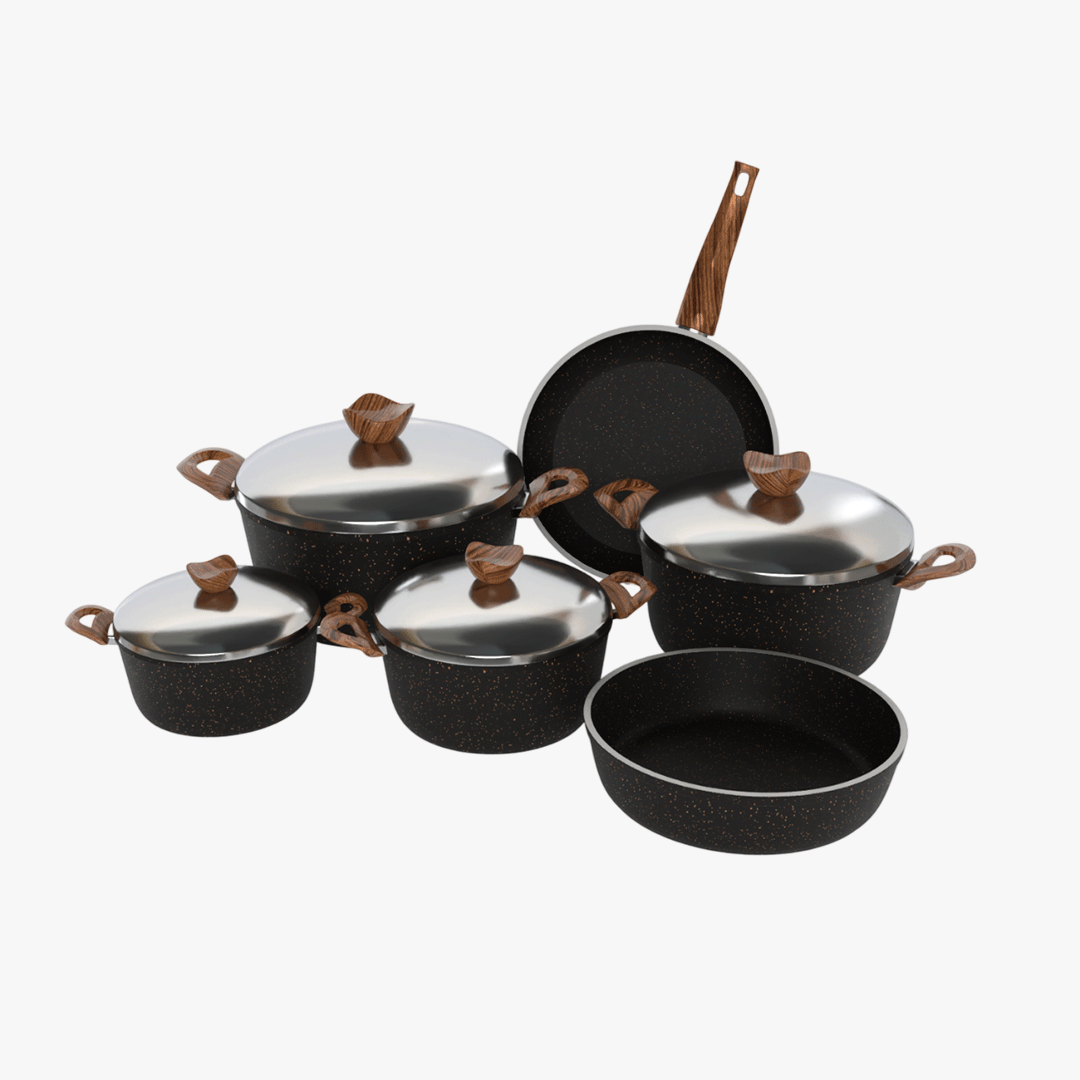 طقم حلل جرانيت تيرينوفا 10 قطع اسود – طقم طبخ كامل غير لاصق سمك 5 مم طهي صحي بجودة إيطالية