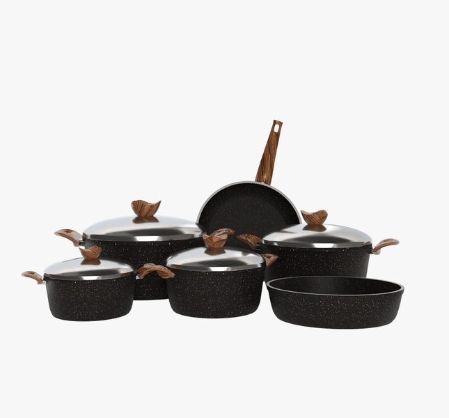 طقم حلل جرانيت تيرينوفا 10 قطع اسود – طقم طبخ كامل غير لاصق سمك 5 مم طهي صحي بجودة إيطالية