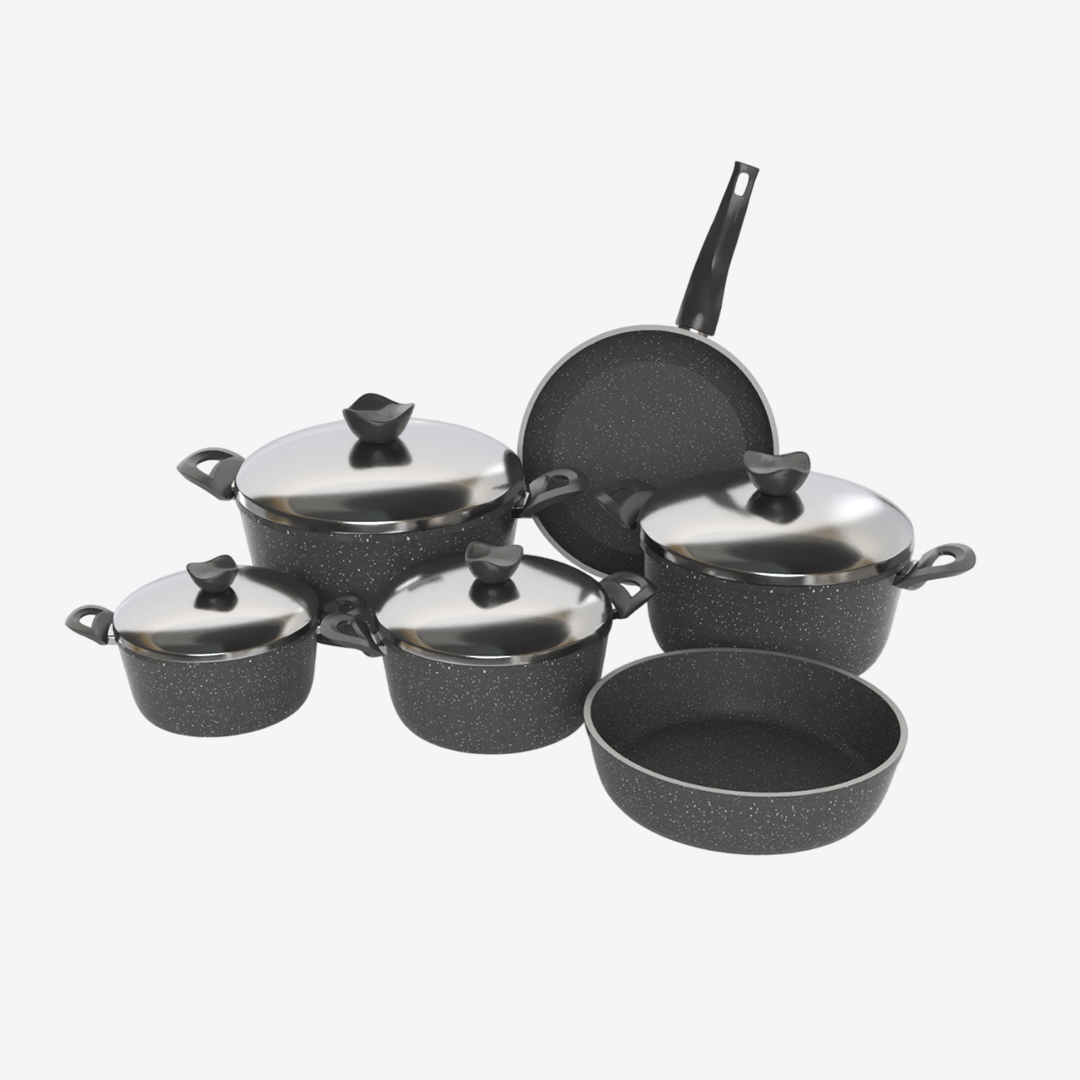 طقم حلل جرانيت تيرينوفا 10 قطع رمادي – طقم طبخ كامل غير لاصق سمك 5 مم طهي صحي بجودة إيطالية