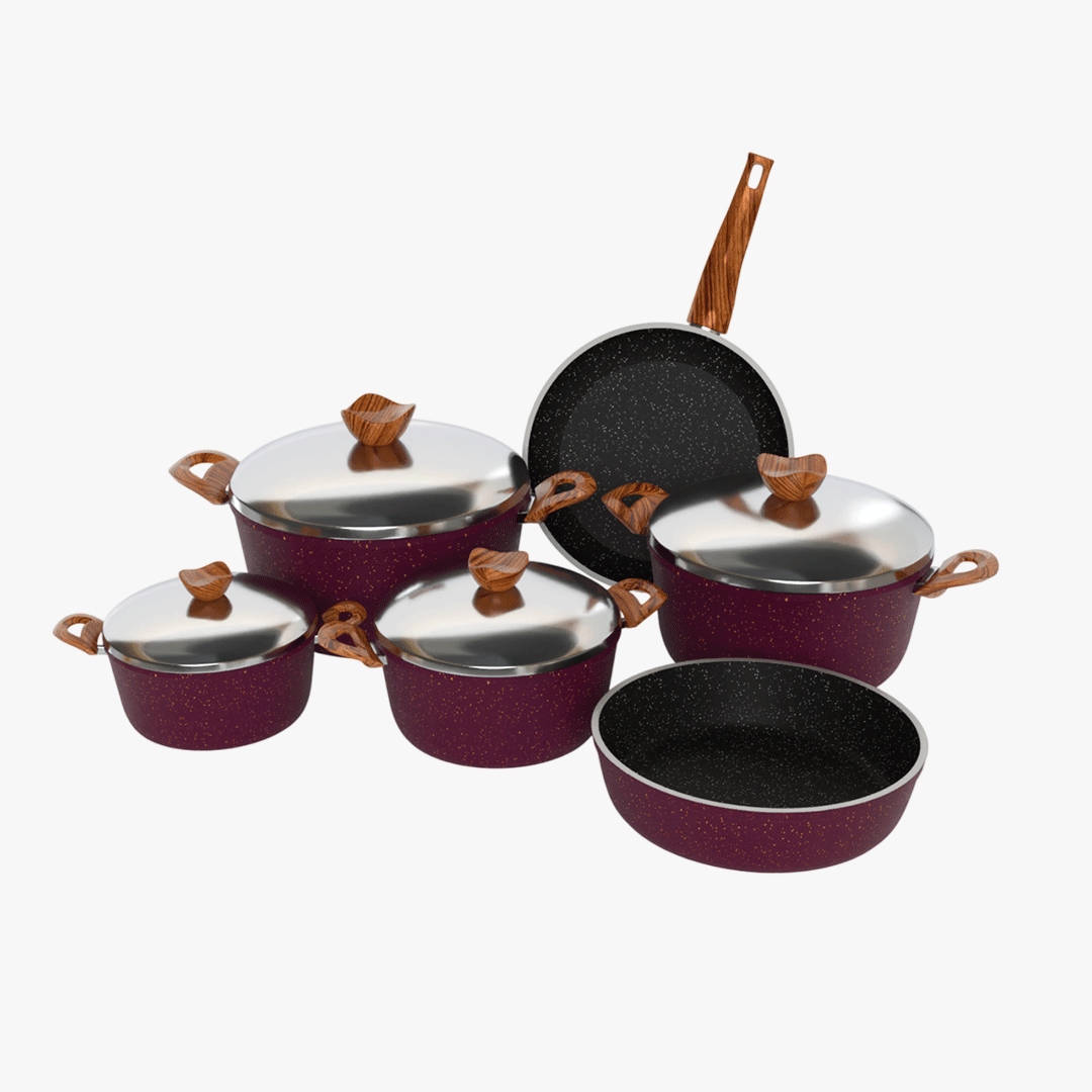 طقم حلل جرانيت تيرينوفا 10 قطع بوردو – طقم طبخ كامل غير لاصق سمك 5 مم طهي صحي بجودة إيطالية
