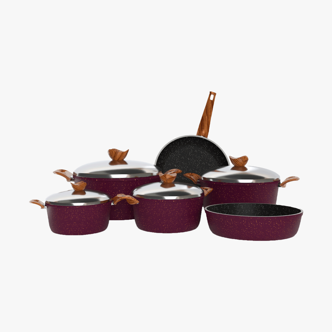 طقم حلل جرانيت تيرينوفا 10 قطع بوردو – طقم طبخ كامل غير لاصق سمك 5 مم طهي صحي بجودة إيطالية