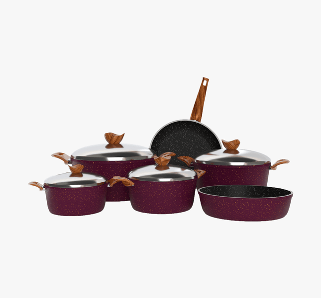 طقم حلل جرانيت تيرينوفا 10 قطع بوردو – طقم طبخ كامل غير لاصق سمك 5 مم طهي صحي بجودة إيطالية