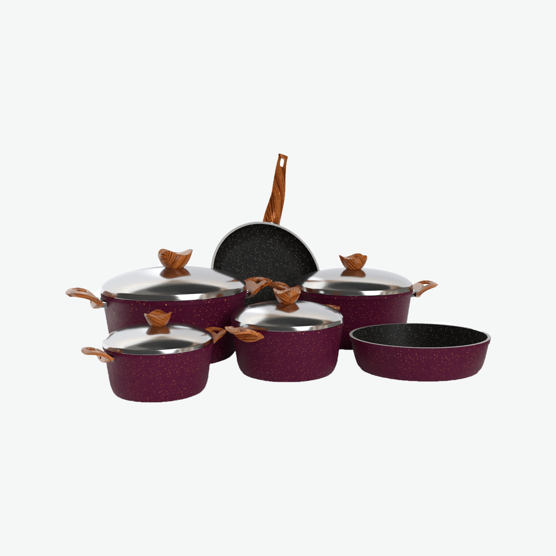 طقم حلل جرانيت تيرينوفا 10 قطع بوردو – طقم طبخ كامل غير لاصق سمك 5 مم طهي صحي بجودة إيطالية