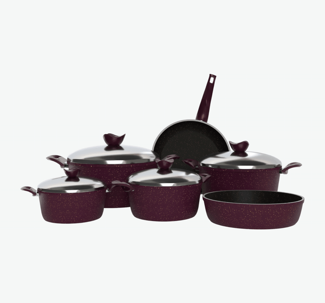 طقم حلل جرانيت تيرينوفا 10 قطع بوردو – طقم طبخ كامل غير لاصق سمك 5 مم طهي صحي بجودة إيطالية