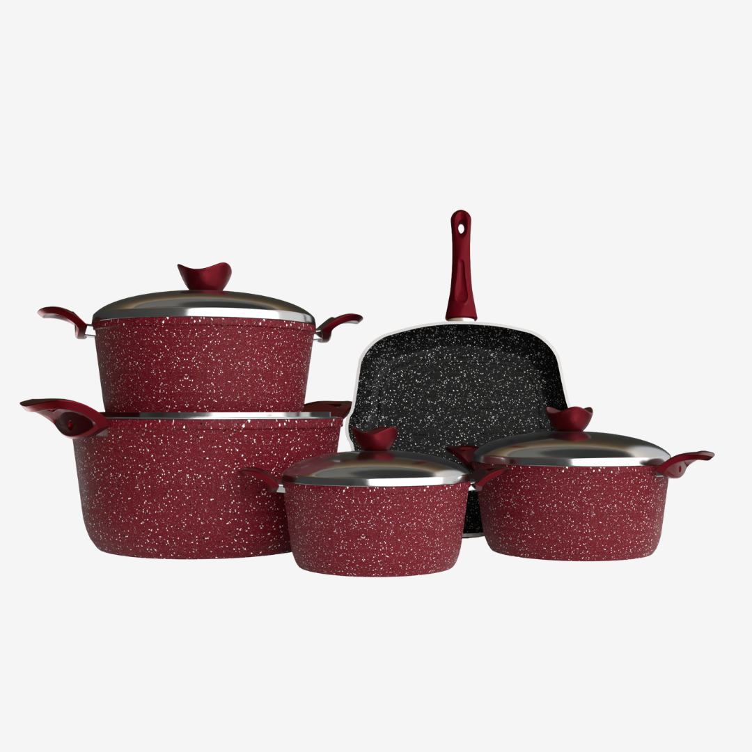 طقم حلل جرانيت احمر 9 قطع بجريل  - بريميوم سٌمك 5 مم