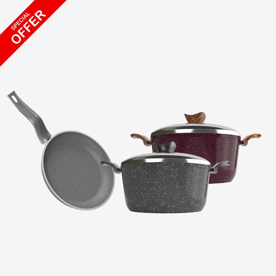 حلة جرانيت 28 سم + حلة جرانيت 20 سم + مقلاية جرانيت 24 سم – سُمك 5 مم | حسب اللون المتوفر