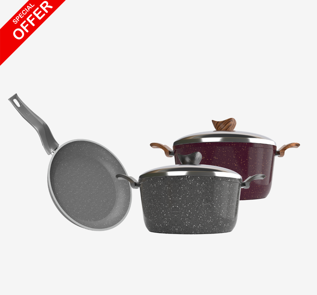 حلة جرانيت 28 سم + حلة جرانيت 20 سم + مقلاية جرانيت 24 سم – سُمك 5 مم | حسب اللون المتوفر