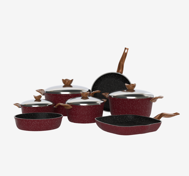 طقم حلل جرانيت احمر 11 قطعه بمقابض خشبية - سٌمك 5 مم