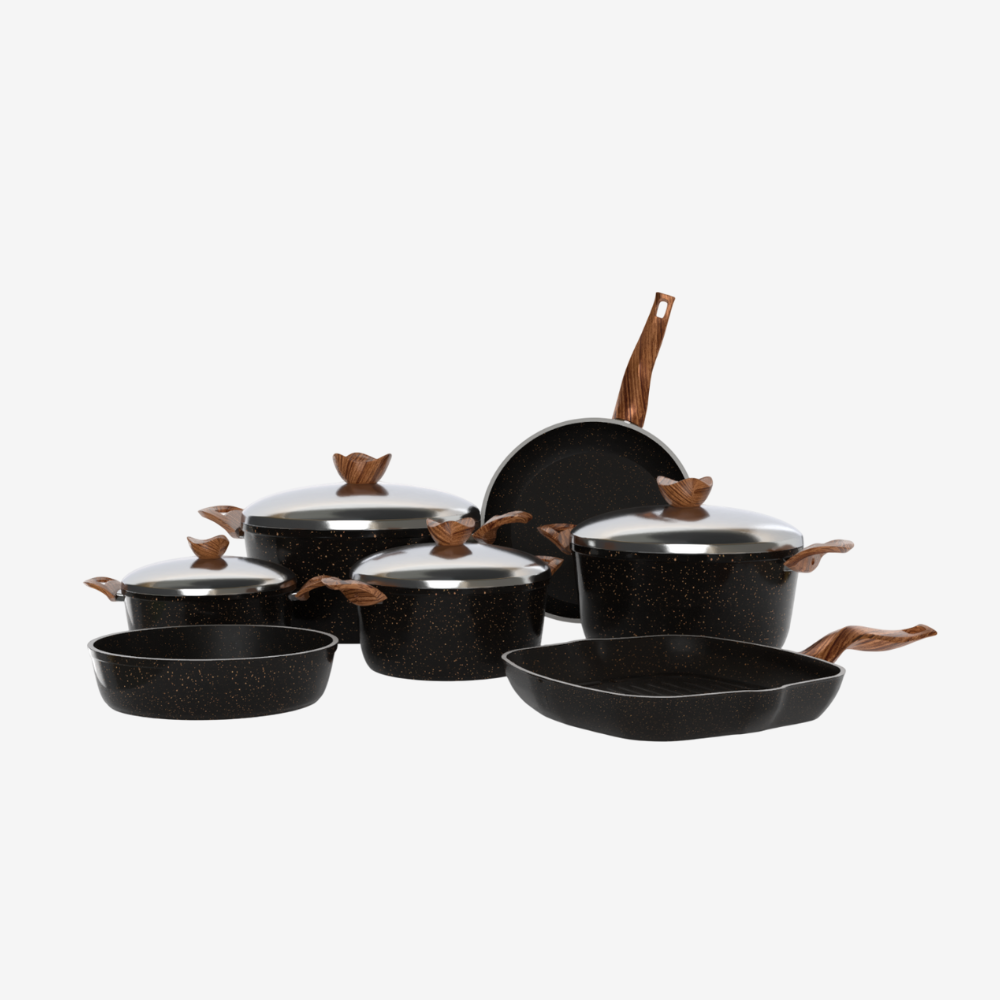 طقم حلل جرانيت اسود  11 قطعه بمقابض خشبية - سٌمك 5 مم