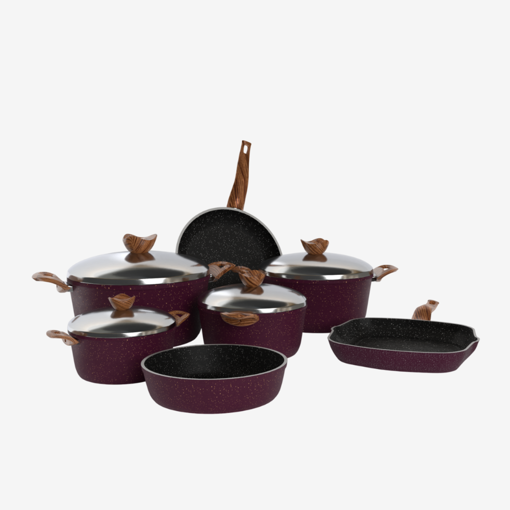 طقم حلل جرانيت بوردو 11 قطعه بمقابض خشبية  - سٌمك 5 مم