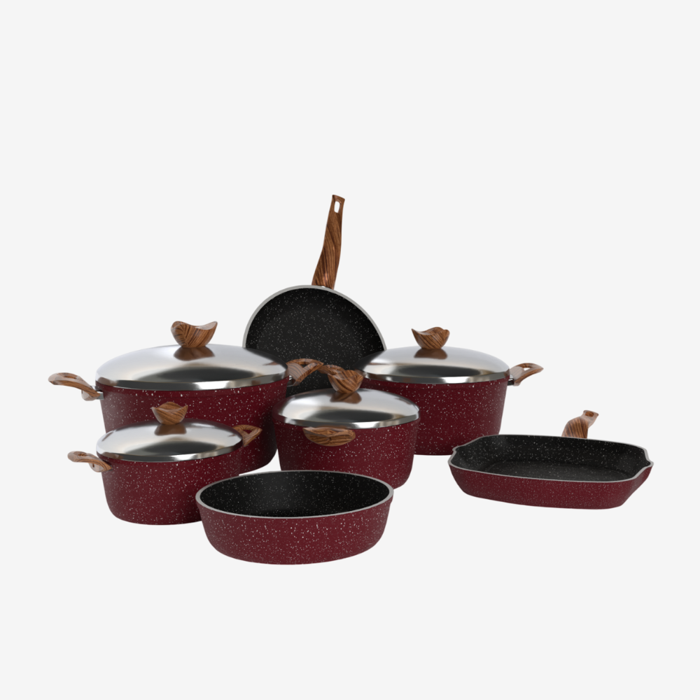 طقم حلل جرانيت احمر 11 قطعه بمقابض خشبية - سٌمك 5 مم