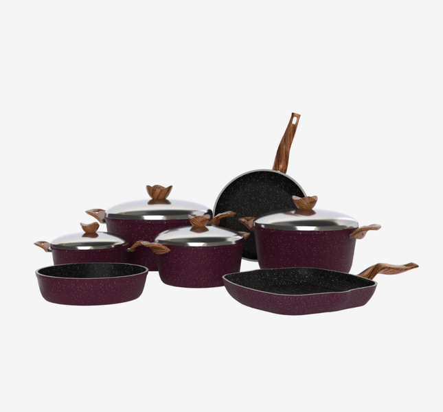 طقم حلل جرانيت بوردو 11 قطعه بمقابض خشبية  - سٌمك 5 مم