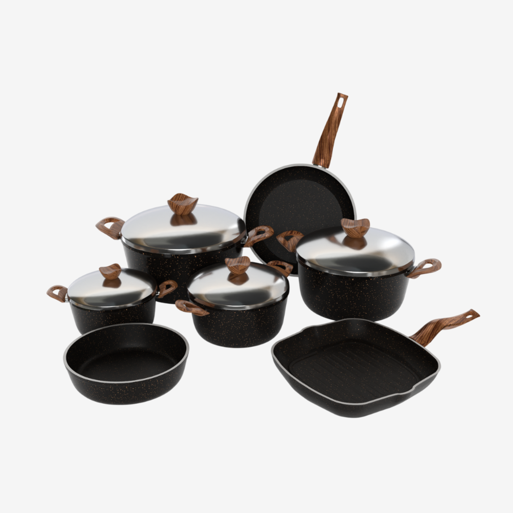 طقم حلل جرانيت اسود  11 قطعه بمقابض خشبية - سٌمك 5 مم