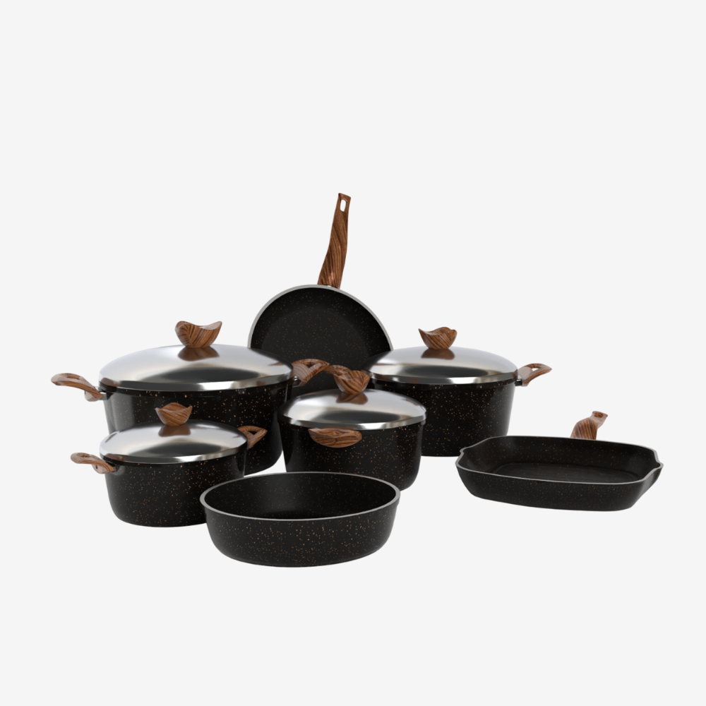 طقم حلل جرانيت اسود  11 قطعه بمقابض خشبية - سٌمك 5 مم