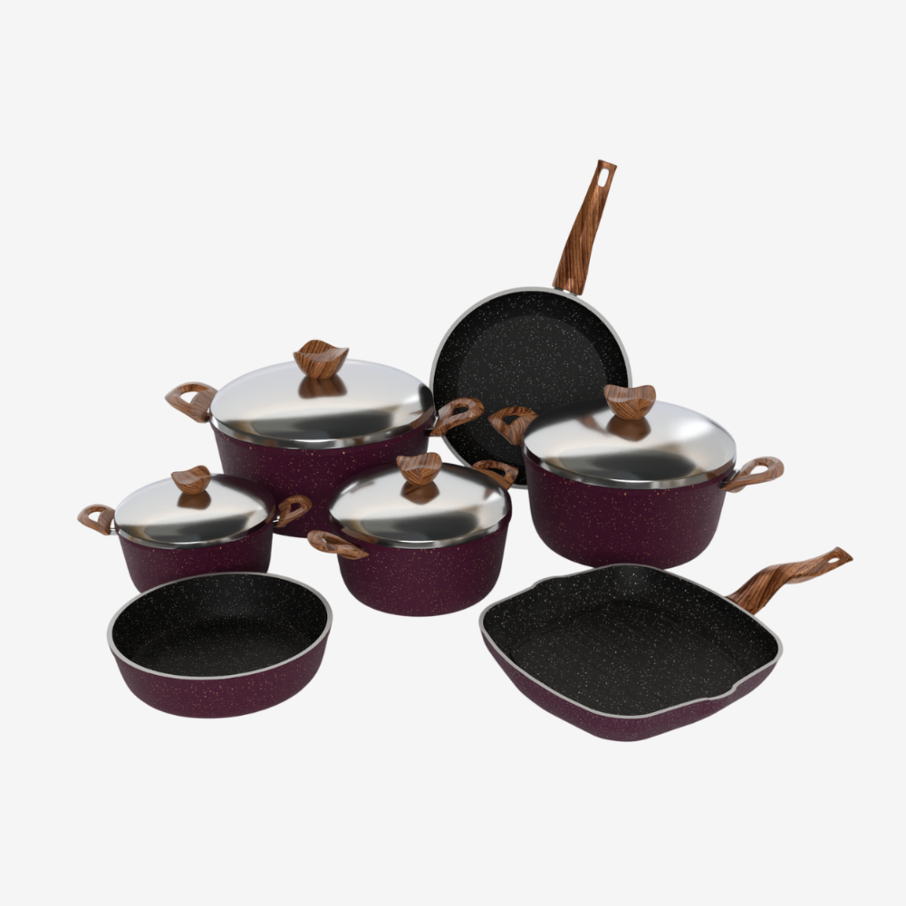 طقم حلل جرانيت بوردو 11 قطعه بمقابض خشبية  - سٌمك 5 مم