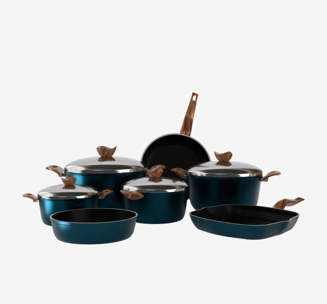 طقم حلل تيفال تركواز 11 قطعه بمقبض باكليت خشبي - سٌمك 5 مم