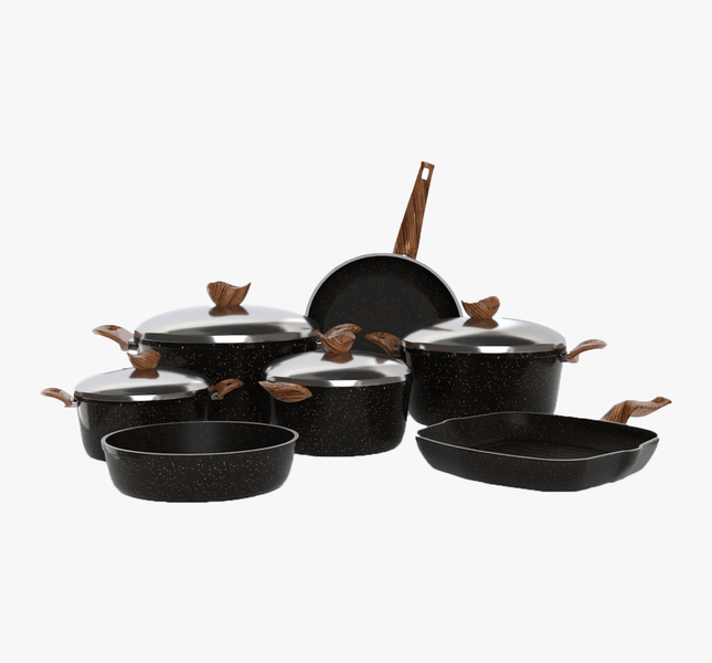 طقم حلل جرانيت اسود  11 قطعه بمقابض خشبية - سٌمك 5 مم