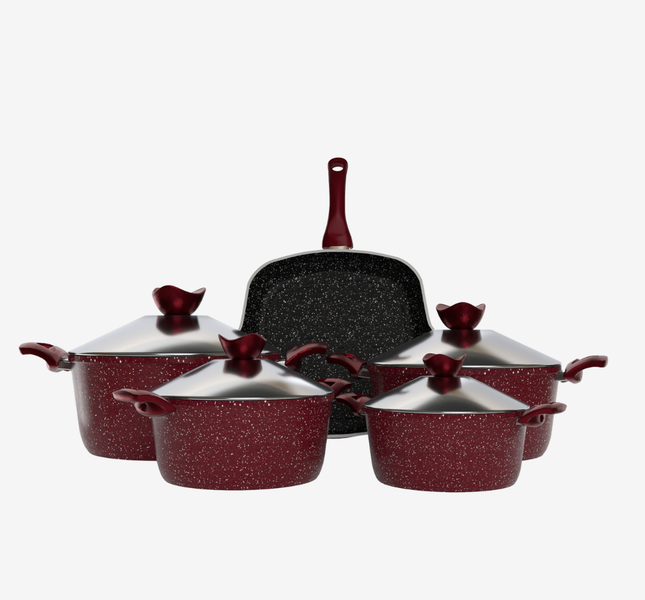 طقم حلل جرانيت احمر 9 قطع بجريل - سوبر سٌمك 4 مم