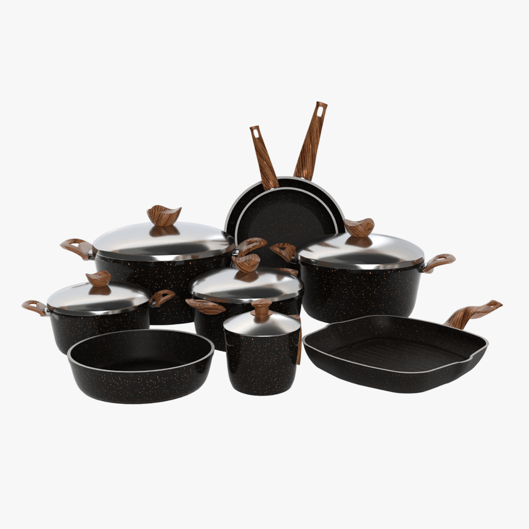 طقم تيرينوفا جرانيت 14 قطعة لون اسود – حلل متعددة المقاسات مع مقالي وصينية وجريل لمطبخ متكامل