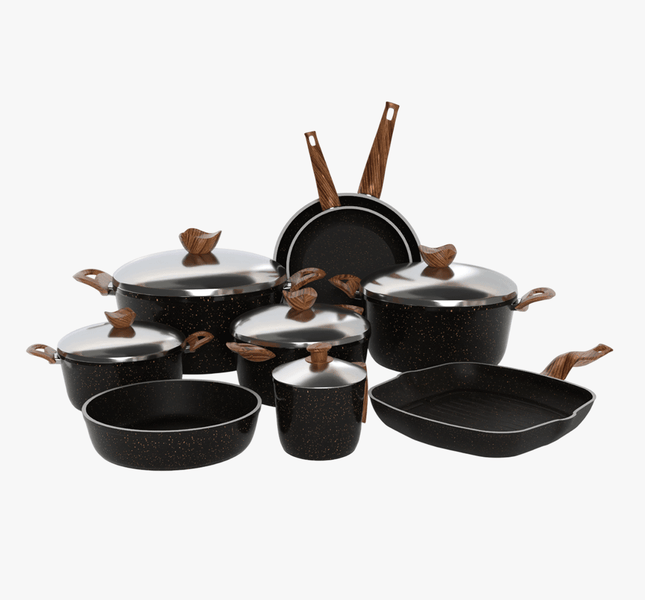 طقم تيرينوفا جرانيت 14 قطعة لون اسود – حلل متعددة المقاسات مع مقالي وصينية وجريل لمطبخ متكامل