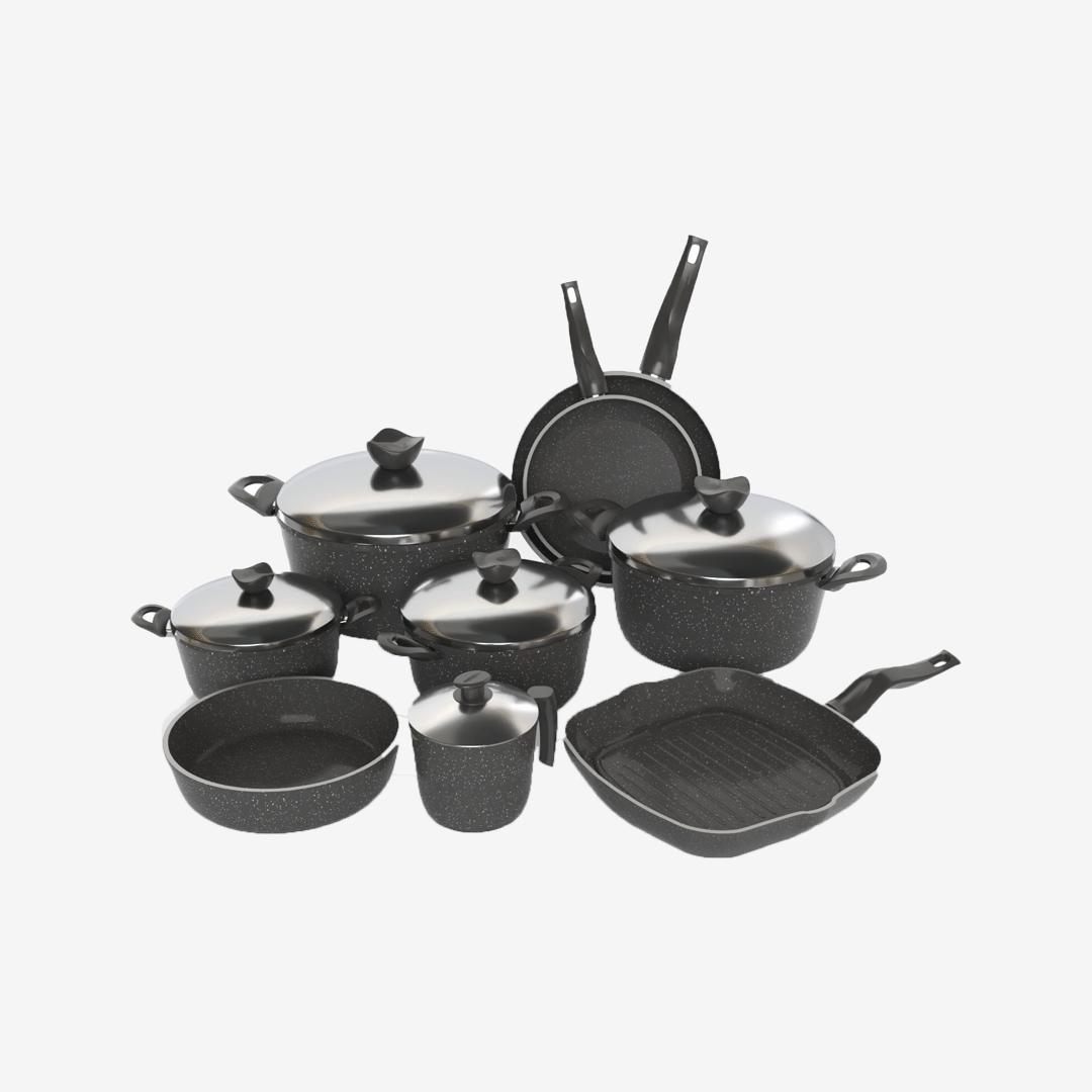 طقم تيرينوفا جرانيت 14 قطعة لون رمادي – حلل متعددة المقاسات مع مقالي وصينية وجريل لمطبخ متكامل