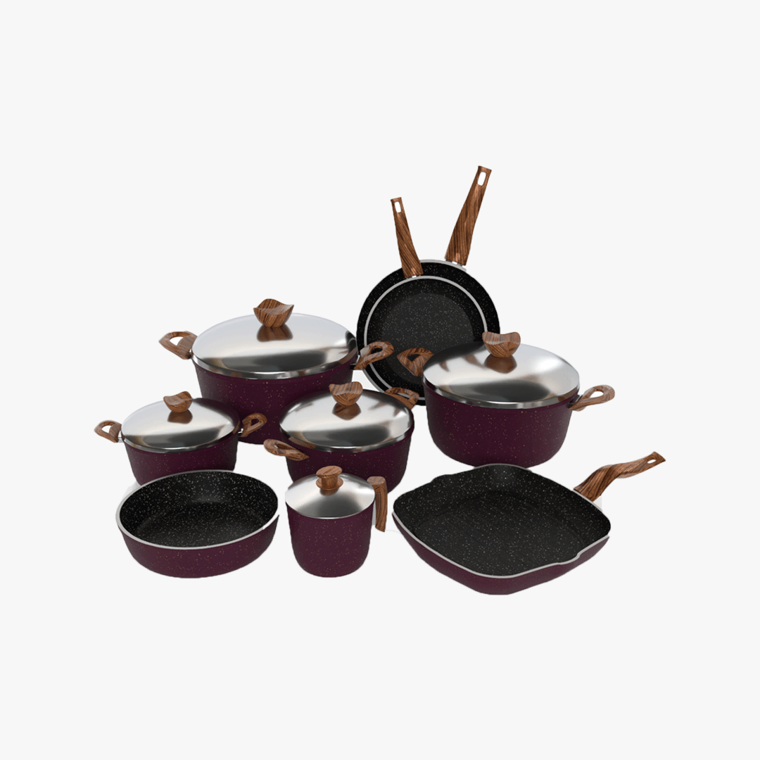 طقم تيرينوفا جرانيت 14 قطعة لون بوردو – حلل متعددة المقاسات مع مقالي وصينية وجريل لمطبخ متكامل