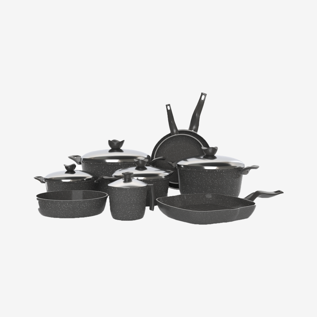 طقم تيرينوفا جرانيت 14 قطعة لون رمادي – حلل متعددة المقاسات مع مقالي وصينية وجريل لمطبخ متكامل