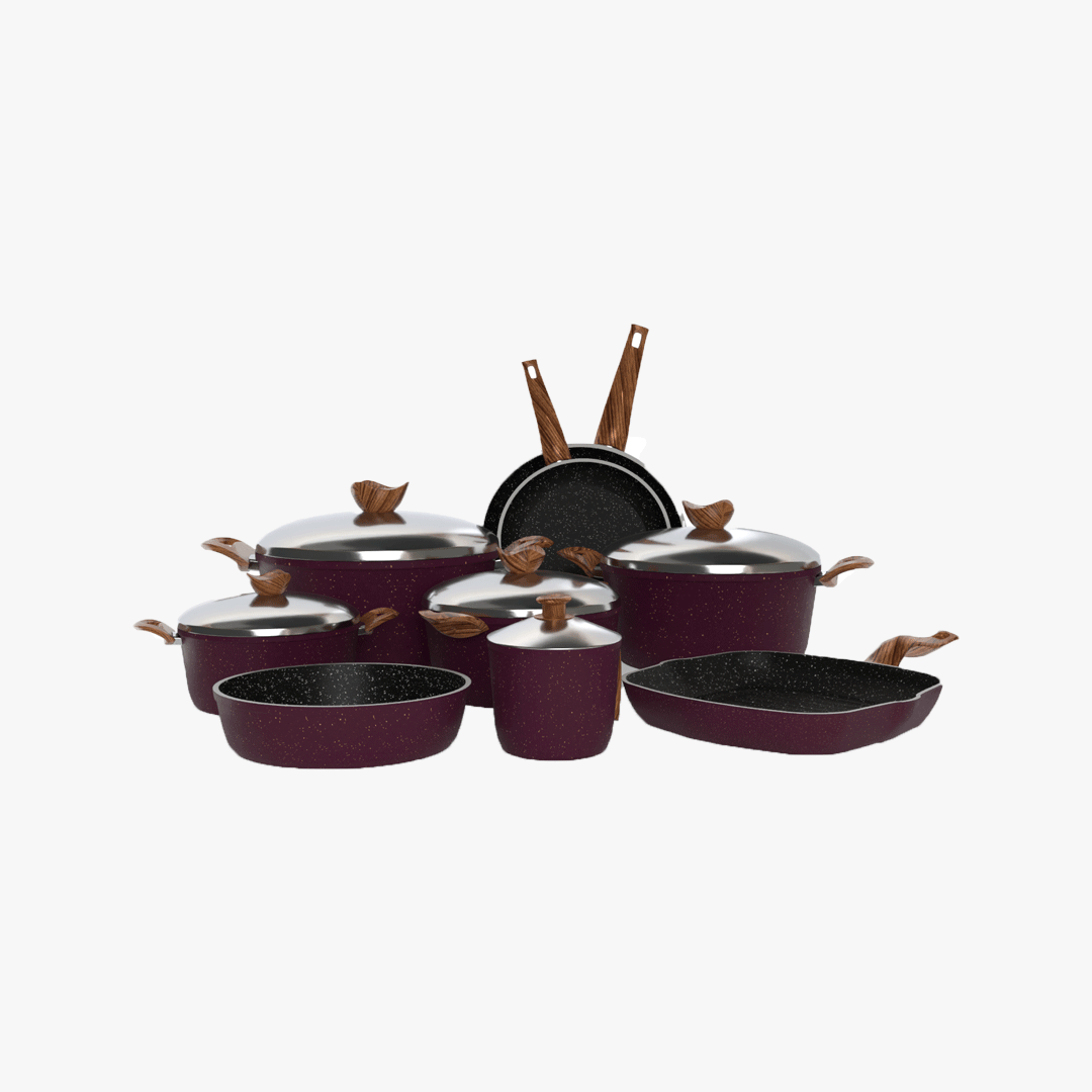 طقم تيرينوفا جرانيت 14 قطعة لون بوردو – حلل متعددة المقاسات مع مقالي وصينية وجريل لمطبخ متكامل