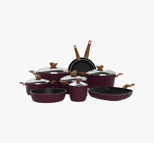 طقم تيرينوفا جرانيت 14 قطعة لون بوردو – حلل متعددة المقاسات مع مقالي وصينية وجريل لمطبخ متكامل