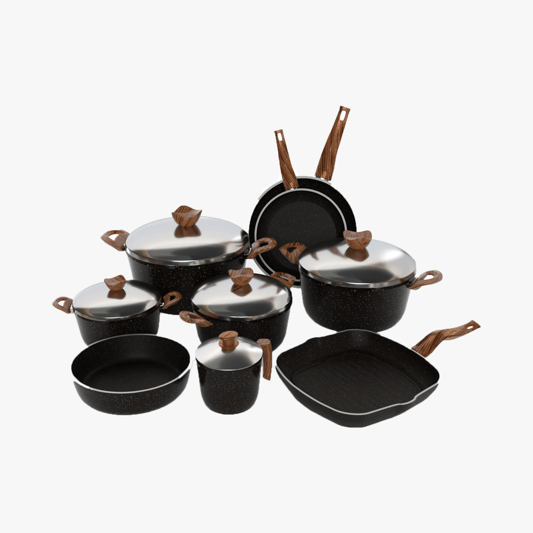 طقم تيرينوفا جرانيت 14 قطعة لون اسود – حلل متعددة المقاسات مع مقالي وصينية وجريل لمطبخ متكامل