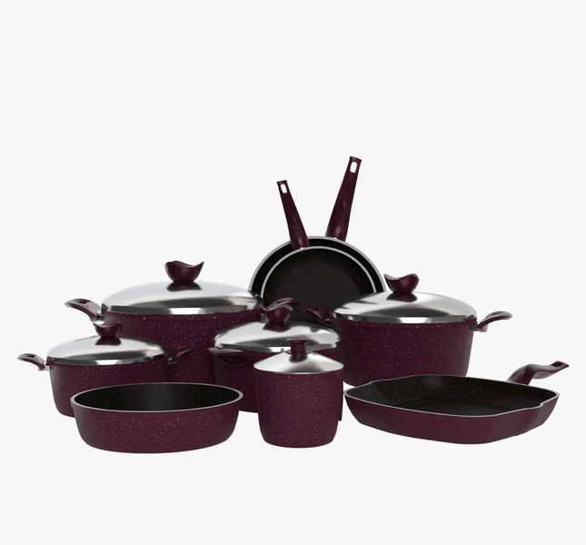 طقم تيرينوفا جرانيت 14 قطعة لون بوردو – حلل متعددة المقاسات مع مقالي وصينية وجريل لمطبخ متكامل