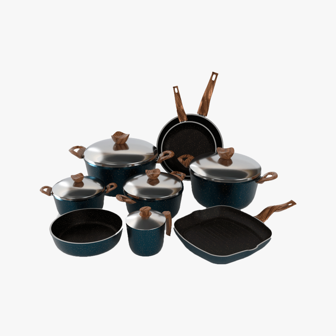 طقم تيرينوفا جرانيت 14 قطعة لون تركواز – حلل متعددة المقاسات مع مقالي وصينية وجريل لمطبخ متكامل