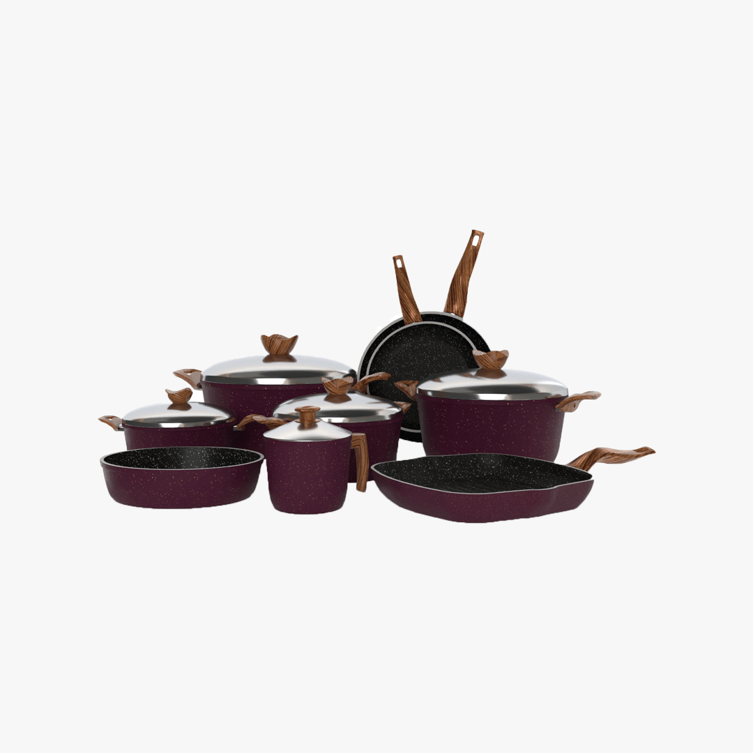 طقم تيرينوفا جرانيت 14 قطعة لون بوردو – حلل متعددة المقاسات مع مقالي وصينية وجريل لمطبخ متكامل