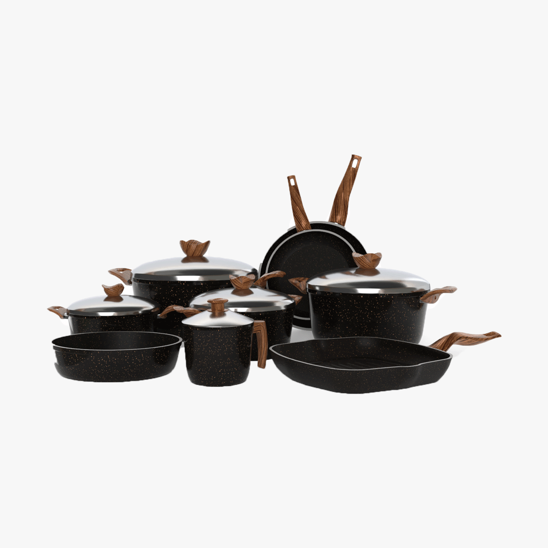 طقم تيرينوفا جرانيت 14 قطعة لون اسود – حلل متعددة المقاسات مع مقالي وصينية وجريل لمطبخ متكامل