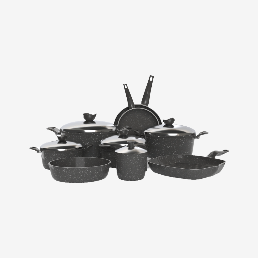 طقم تيرينوفا جرانيت 14 قطعة لون رمادي – حلل متعددة المقاسات مع مقالي وصينية وجريل لمطبخ متكامل