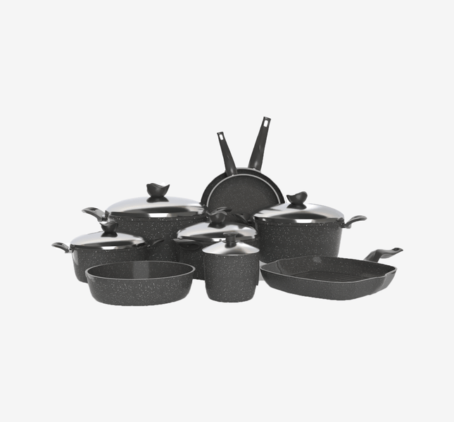 طقم تيرينوفا جرانيت 14 قطعة لون رمادي – حلل متعددة المقاسات مع مقالي وصينية وجريل لمطبخ متكامل