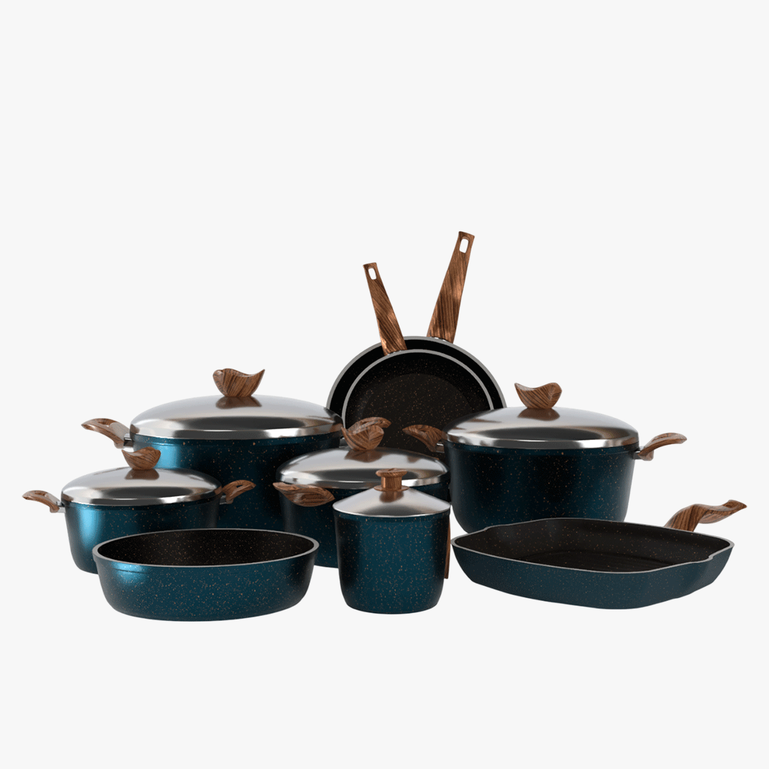 طقم تيرينوفا جرانيت 14 قطعة لون تركواز – حلل متعددة المقاسات مع مقالي وصينية وجريل لمطبخ متكامل
