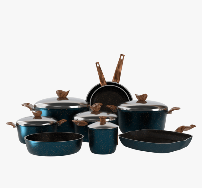 طقم تيرينوفا جرانيت 14 قطعة لون تركواز – حلل متعددة المقاسات مع مقالي وصينية وجريل لمطبخ متكامل