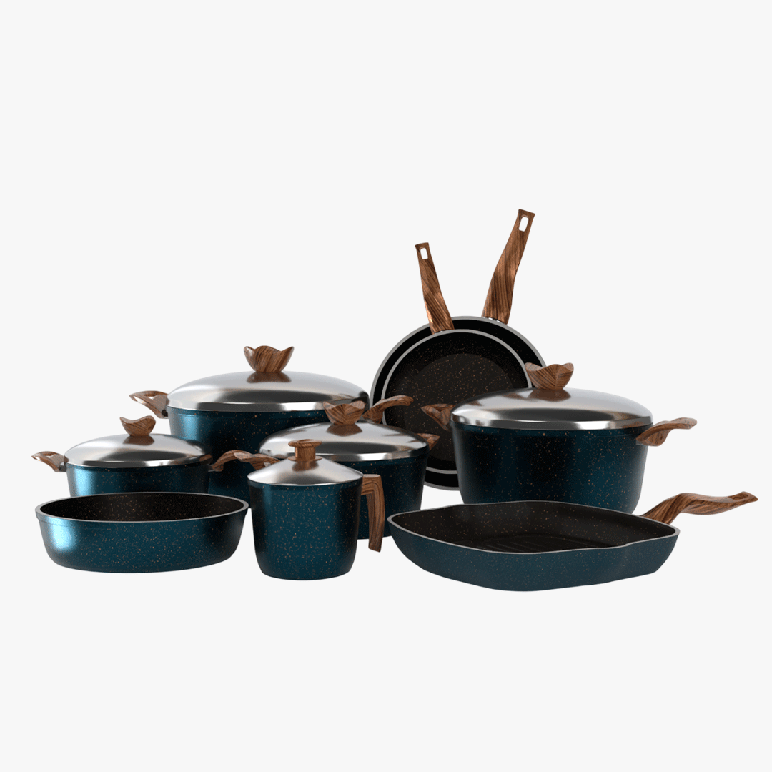 طقم تيرينوفا جرانيت 14 قطعة لون تركواز – حلل متعددة المقاسات مع مقالي وصينية وجريل لمطبخ متكامل