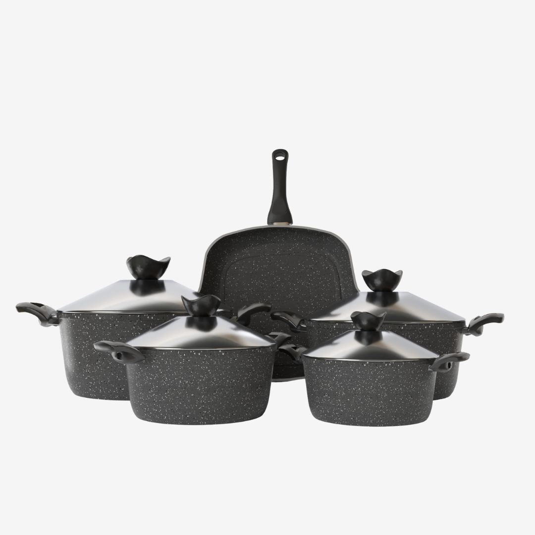 طقم حلل جرانيت رمادي 9 قطع بجريل - سوبر سٌمك 4 مم