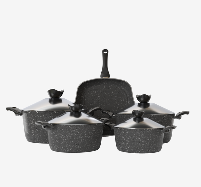 طقم حلل جرانيت رمادي 9 قطع بجريل - سوبر سٌمك 4 مم