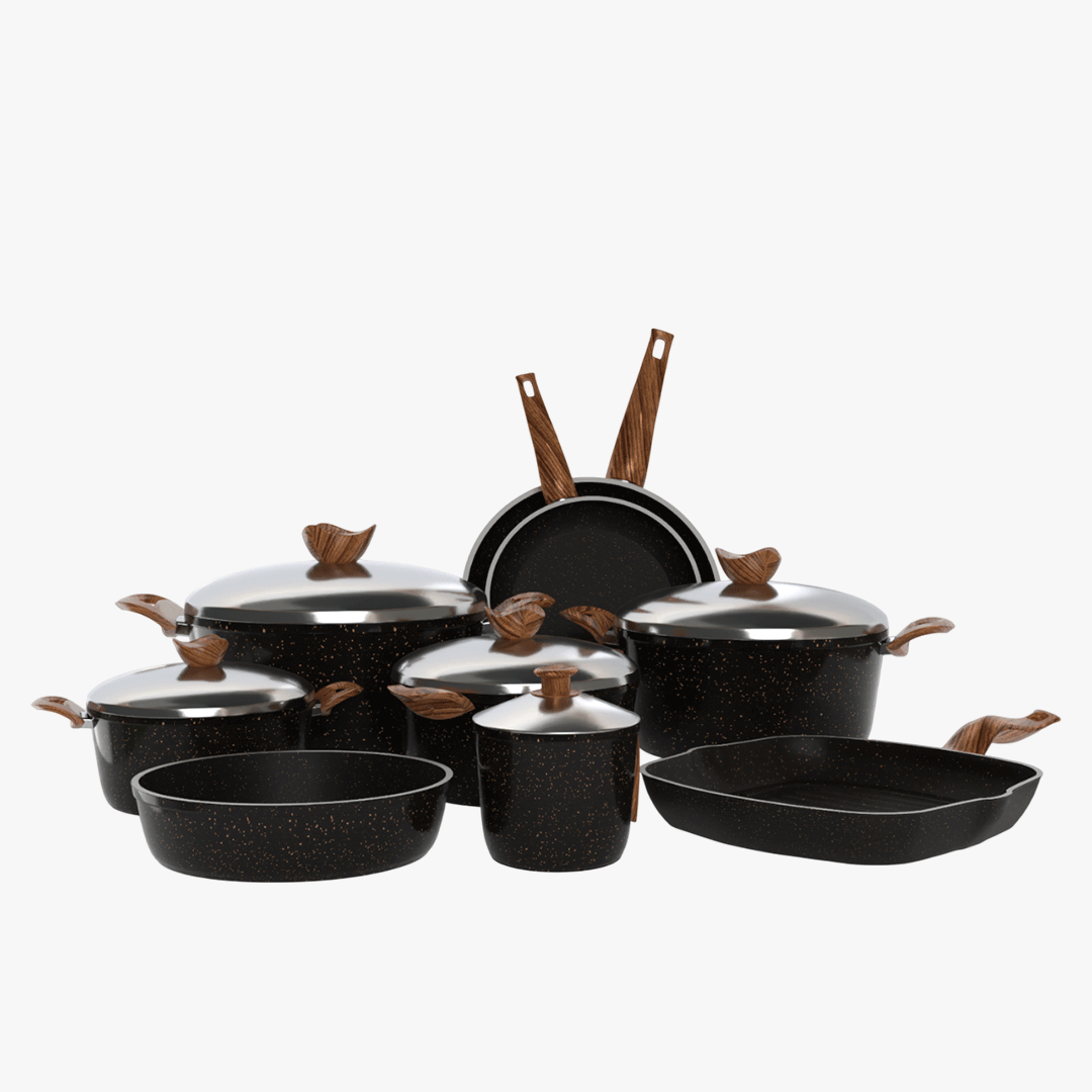 طقم تيرينوفا جرانيت 14 قطعة لون اسود – حلل متعددة المقاسات مع مقالي وصينية وجريل لمطبخ متكامل