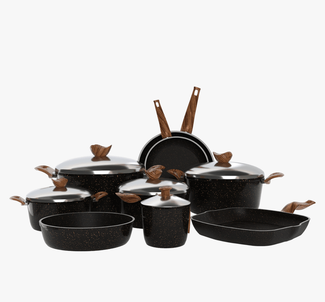 طقم تيرينوفا جرانيت 14 قطعة لون اسود – حلل متعددة المقاسات مع مقالي وصينية وجريل لمطبخ متكامل