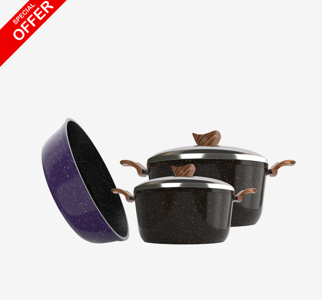 صينية جرانيت 26 سم + حلة جرانيت 24 سم + حلة جرانيت 18 سم – بريميوم سُمك 5 مم | حسب اللون المتوفر