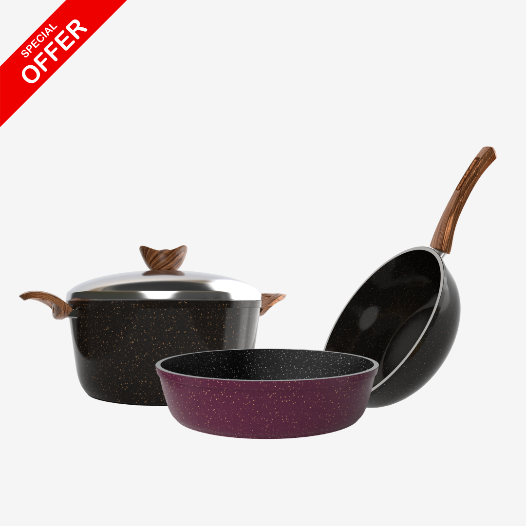 حلة جرانيت 24 سم + صينية جرانيت 28 سم + ووك جرانيت 28 سم – بريميوم 5 مم | اللون حسب المتوفر