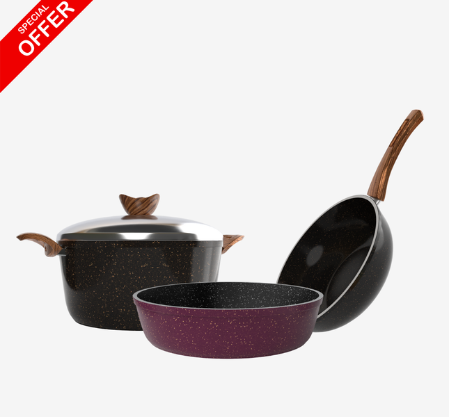 حلة جرانيت 24 سم + صينية جرانيت 28 سم + ووك جرانيت 28 سم – بريميوم 5 مم | اللون حسب المتوفر