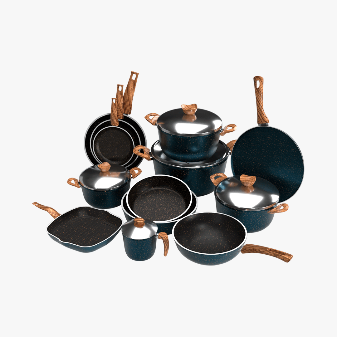 طقم حلل جرانيت تيرينوفا 18 قطعة لون تركواز – طقم طبخ متكامل بأحجام متعددة للمطبخ العصري