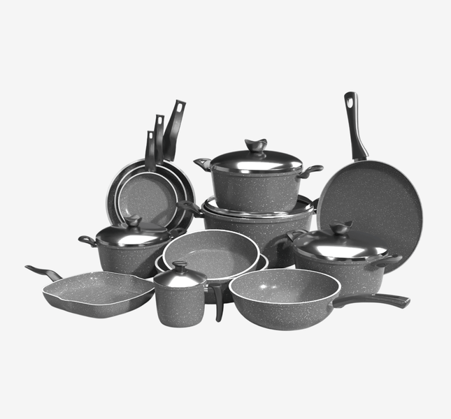 طقم حلل جرانيت تيرينوفا 18 قطعة لون رمادي – طقم طبخ متكامل بأحجام متعددة للمطبخ العصري